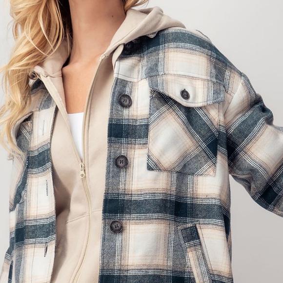 LAST ONE❗Cozy Chic Dark Teal Lined Plaid Flannel Oversized Shacket - Picture 3 of 14